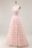 Halter A-Line Candy Pink Corset Floral Tiered Ruffle Long Prom Dress with Pearls