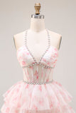 Halter A-Line Candy Pink Corset Floral Tiered Ruffle Long Prom Dress with Pearls
