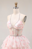 Halter A-Line Candy Pink Corset Floral Tiered Ruffle Long Prom Dress with Pearls