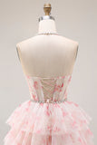 Halter A-Line Candy Pink Corset Floral Tiered Ruffle Long Prom Dress with Pearls