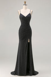 Sparkly Black Mermaid Spaghetti Straps Long Prom Dress with Slit