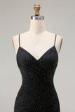 Sparkly Black Mermaid Spaghetti Straps Long Prom Dress with Slit