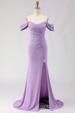 Off The Shoulder Ruched Mermaid Beaded  Purple Long Prom Dress with Slit