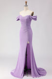 Off The Shoulder Ruched Mermaid Beaded  Purple Long Prom Dress with Slit