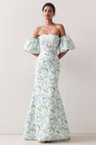 Blue White Flower Strapless Mermaid Satin Convertible Dress with Removable Sleeves