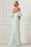 Blue White Flower Strapless Mermaid Satin Convertible Dress with Removable Sleeves