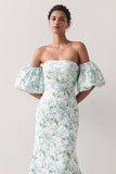 Blue White Flower Strapless Mermaid Satin Convertible Dress with Removable Sleeves