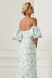 Blue White Flower Strapless Mermaid Satin Convertible Dress with Removable Sleeves