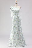 One Shoulder Blue White Flower Mermaid Print Long Bridesmaid Dress with Bow
