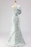 One Shoulder Blue White Flower Mermaid Print Long Bridesmaid Dress with Bow