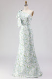 One Shoulder Blue White Flower Mermaid Print Long Bridesmaid Dress with Bow