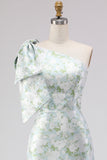 One Shoulder Blue White Flower Mermaid Print Long Bridesmaid Dress with Bow