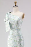 One Shoulder Blue White Flower Mermaid Print Long Bridesmaid Dress with Bow