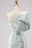 One Shoulder Blue White Flower Mermaid Print Long Bridesmaid Dress with Bow