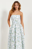 A-Line Blue Strapless Print White Floral Long Satin Dress with Pockets