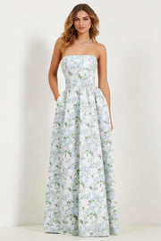 A-Line Blue Strapless Print White Floral Long Satin Dress with Pockets