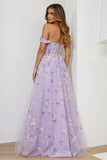 Lilac A Line Off The Shoulder Embroidered Long Prom Dress with Slit