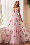 Pink Flower A Line V Neck Open Back Long Prom Dress with Beading