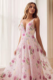 Pink Flower A Line V Neck Open Back Long Prom Dress with Beading