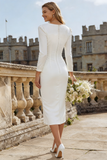 Ivory Bodycon Ruched V Neck Midi Engagement Dress with Slit