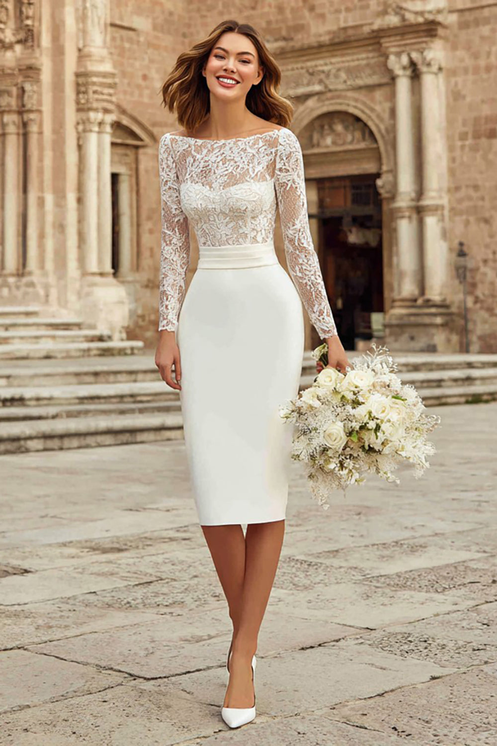 Zapaka Women Ivory Bodycon Midi Engagement Dress with Lace Bateau Neck Long Sleeve Bridal Dress – ZAPAKA UK