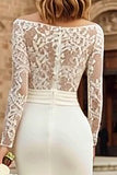 Ivory Bodycon Bateau Neck Midi Engagement Dress with Lace