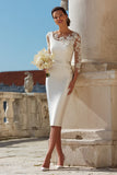 Ivory Bodycon 3/4 Sleeve Appliqued Midi Engagement Dress