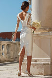Ivory Bodycon 3/4 Sleeve Appliqued Midi Engagement Dress
