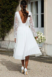 Ivory Chiffon V Neck A Line Pleated Midi Engagement Dress with Lace