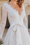 Ivory Lace V Neck A Line Midi Engagement Dress with Bow