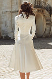 Ivory Satin Peaked Lapel A Line Midi Engagement Dress