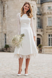 Ivory Long Sleeve A Line Midi Wedding Dress with Lace