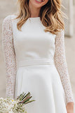 Ivory Long Sleeve A Line Midi Wedding Dress with Lace
