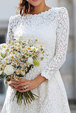Ivory Lace A Line Long Wedding Reception Dress with Long Sleeves