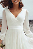 Ivory V Neck A Line Registry Office Wedding Dress with Slit