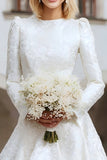 Ivory Round Neck Jacquard A Line Courthouse Wedding Dress