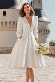 Ivory A Line V-Neck Midi Engagement Dress with 3/4 Sleeves