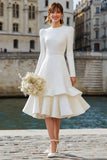 Ivory Round Neck A Line Long Sleeve Midi Engagement Dress