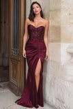 Burgundy Sequins Mermaid Sweetheart Corset Ruched Long Formal Dress With Slit