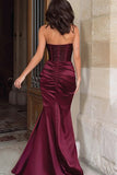 Burgundy Sequins Mermaid Sweetheart Corset Ruched Long Formal Dress With Slit