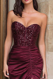 Burgundy Sequins Mermaid Sweetheart Corset Ruched Long Formal Dress With Slit