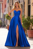 Royal Blue A-Line Pleated Sweetheart Satin Long Formal Dress with Slit