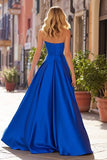 Royal Blue A-Line Pleated Sweetheart Satin Long Formal Dress with Slit