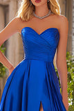 Royal Blue A-Line Pleated Sweetheart Satin Long Formal Dress with Slit