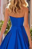 Royal Blue A-Line Pleated Sweetheart Satin Long Formal Dress with Slit