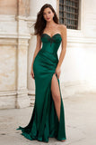 Dark Green Mermaid Sweetheart Appliqued Long Satin Formal Dress with Slit