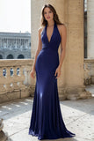 Navy Halter Mermaid Ruched Satin Long Formal Dress