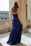 Navy Halter Mermaid Ruched Satin Long Formal Dress