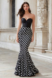 Sweetheart Black White Dot Mermaid Satin Long Formal Dress