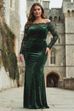Plus Size Dark Green Velvet Lace Off the Shoulder Formal Dress with Long Sleeves